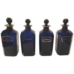 Antique Set of 4 Bristol Blue Glass Decanters with Original Glass Stoppers