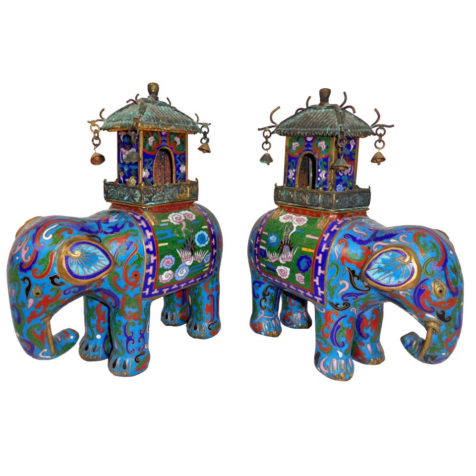 Pair of Mid-century Chinese Cloisonné Elephants