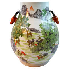20th Century Chinese Porcelain Jar with Red Deer Head Handles