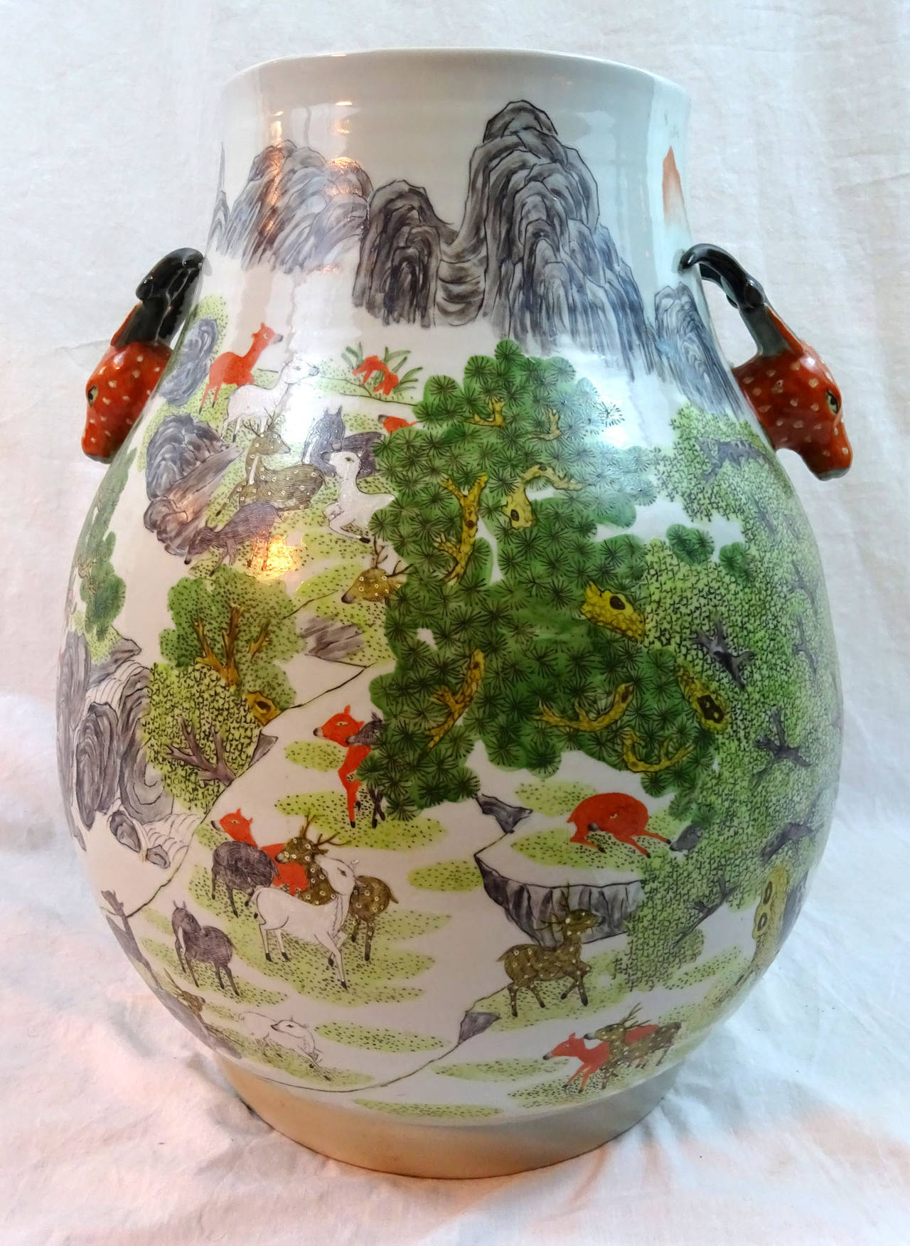 20th Century Chinese Porcelain Jar with Red Deer Head Handles 4