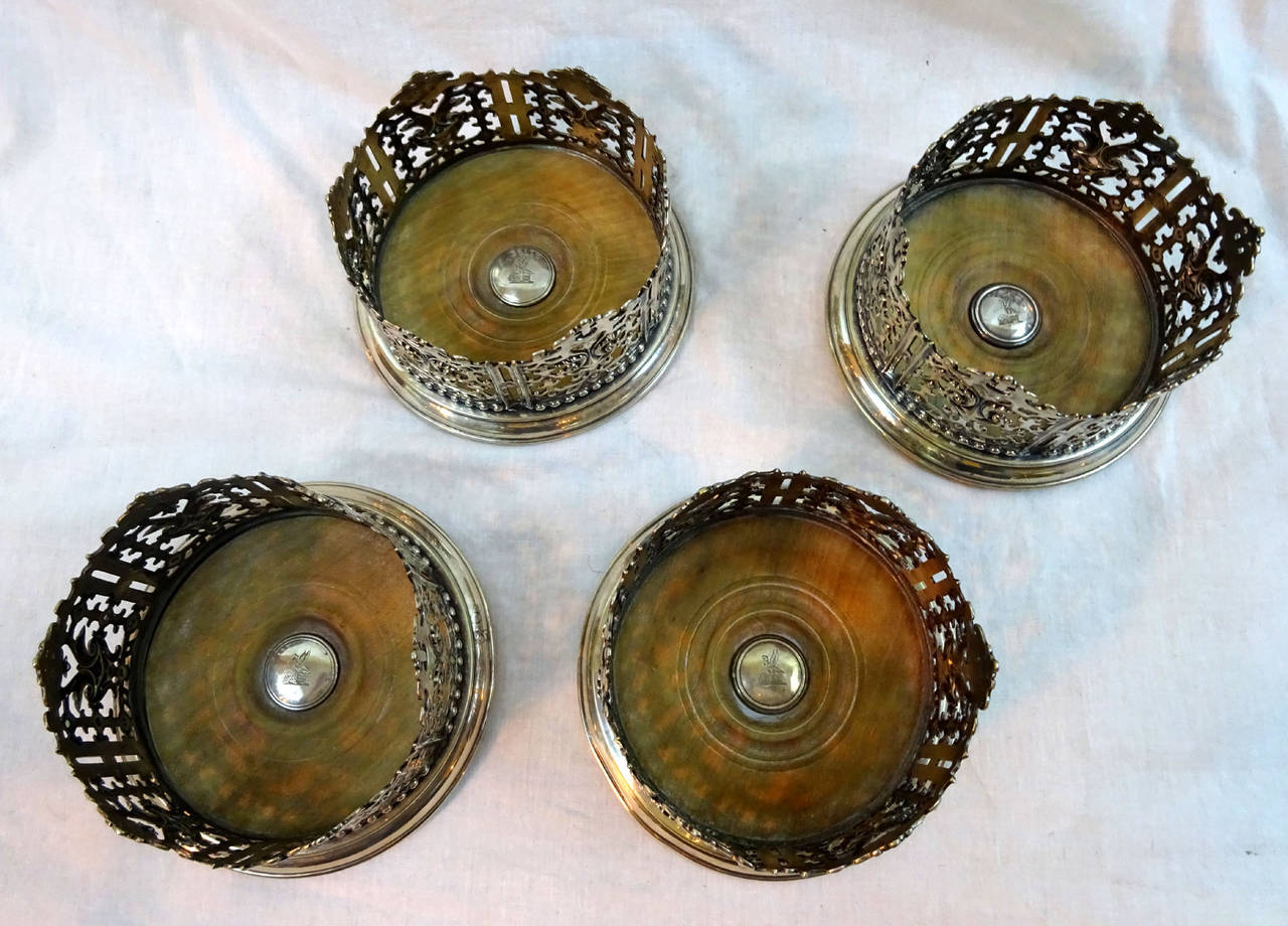 Mid-19th Century Set of Four Silver Plated Wine Coasters by Elkington & Co. In Excellent Condition In Dallas, TX