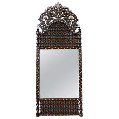 Antique 19th c. Carved Wooden Mirror with Mother-of-Pearl Inlay