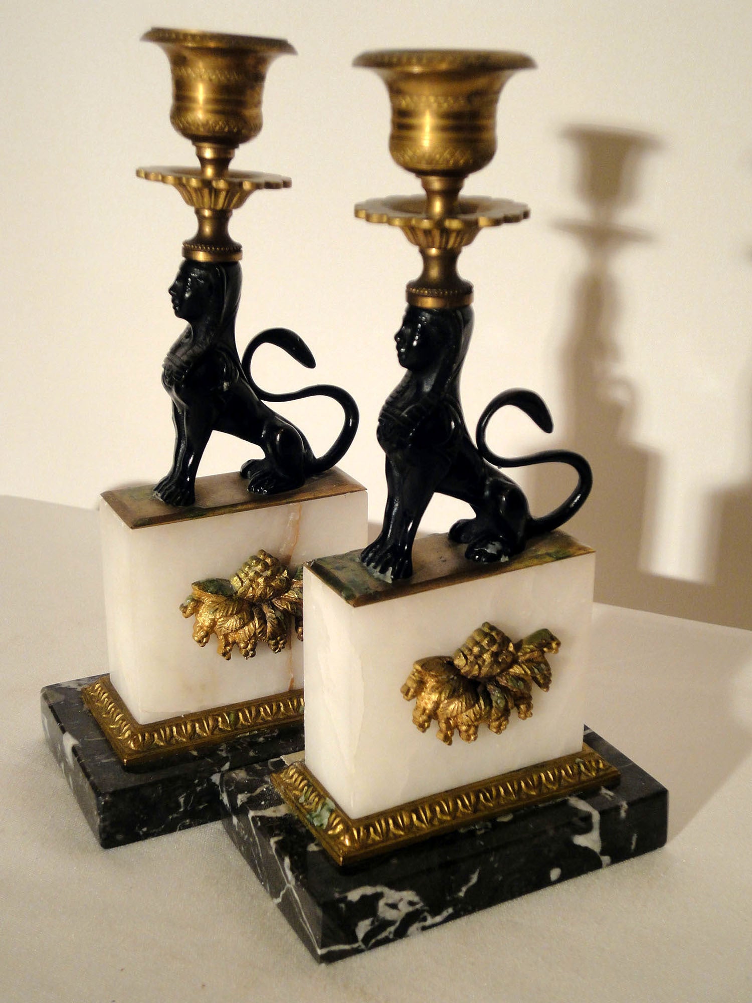 Pair of Marble and Metal Candlesticks For Sale