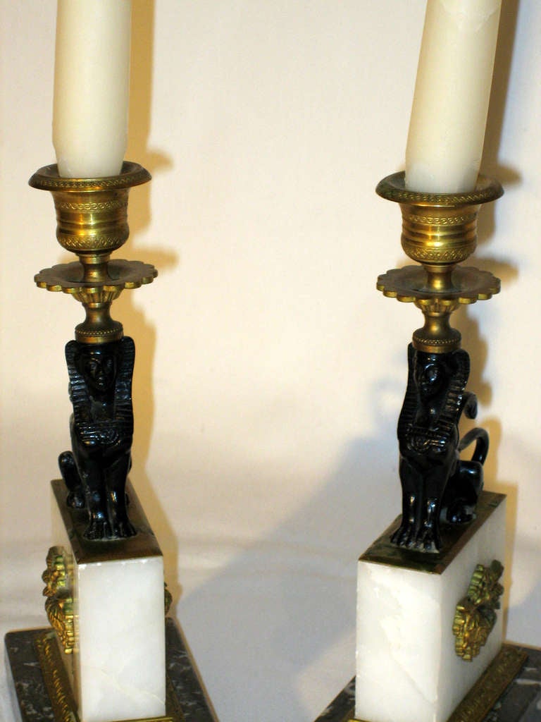 Pair of Marble and Metal Candlesticks For Sale 1
