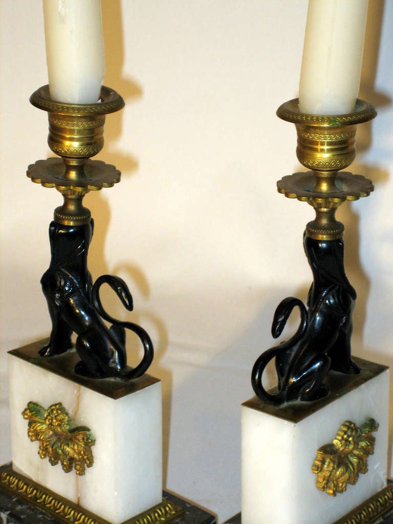 Pair of Marble and Metal Candlesticks For Sale 2