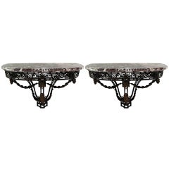 Pair of Iron Consoles with Marble Tops