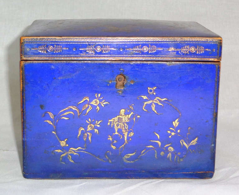 Small Painted Lapiz Color Tea Caddy with Asian Figures on the top with initials 