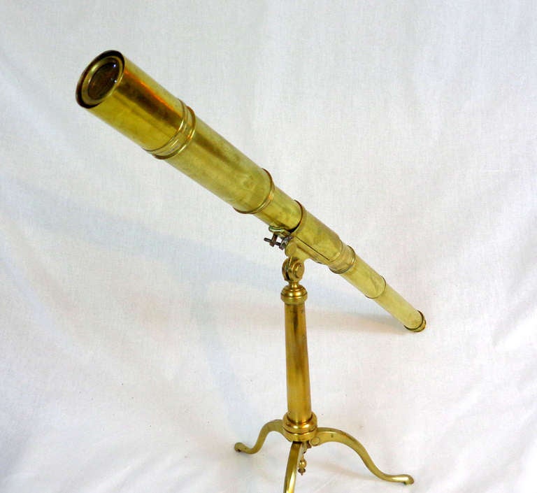 Brass telescope on folding tripod legs by E.O. Tindall & Sons, Scarbro - telescope makers until the 1840s.
