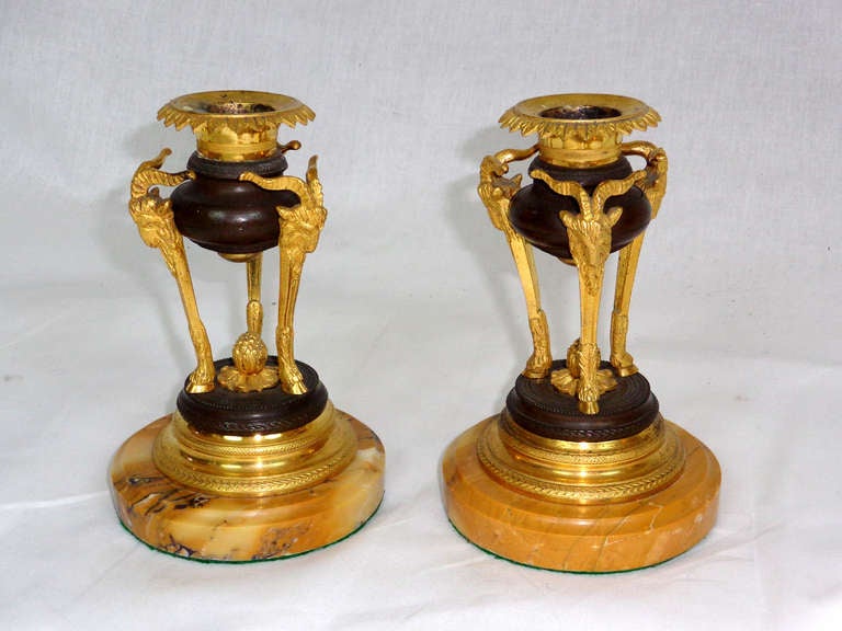 Pair of small candlesticks of sienna marble with ormolu mounts of rams' heads.