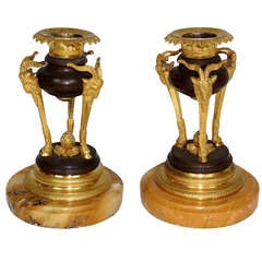 Pair of Marble and Ormolu Candlesticks with Rams' Heads