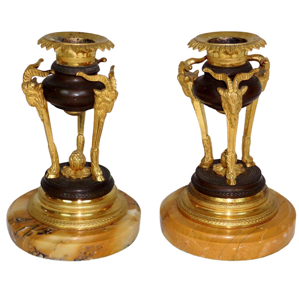 Pair of Marble and Ormolu Candlesticks with Rams' Heads For Sale