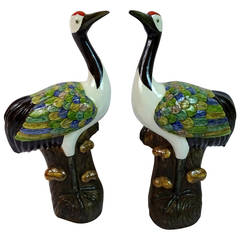 Pair of Early 20th Century Chinese Polychrome Porcelain Storks
