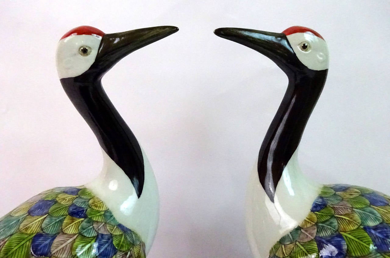 Pair of Early 20th Century Chinese Polychrome Porcelain Storks 1