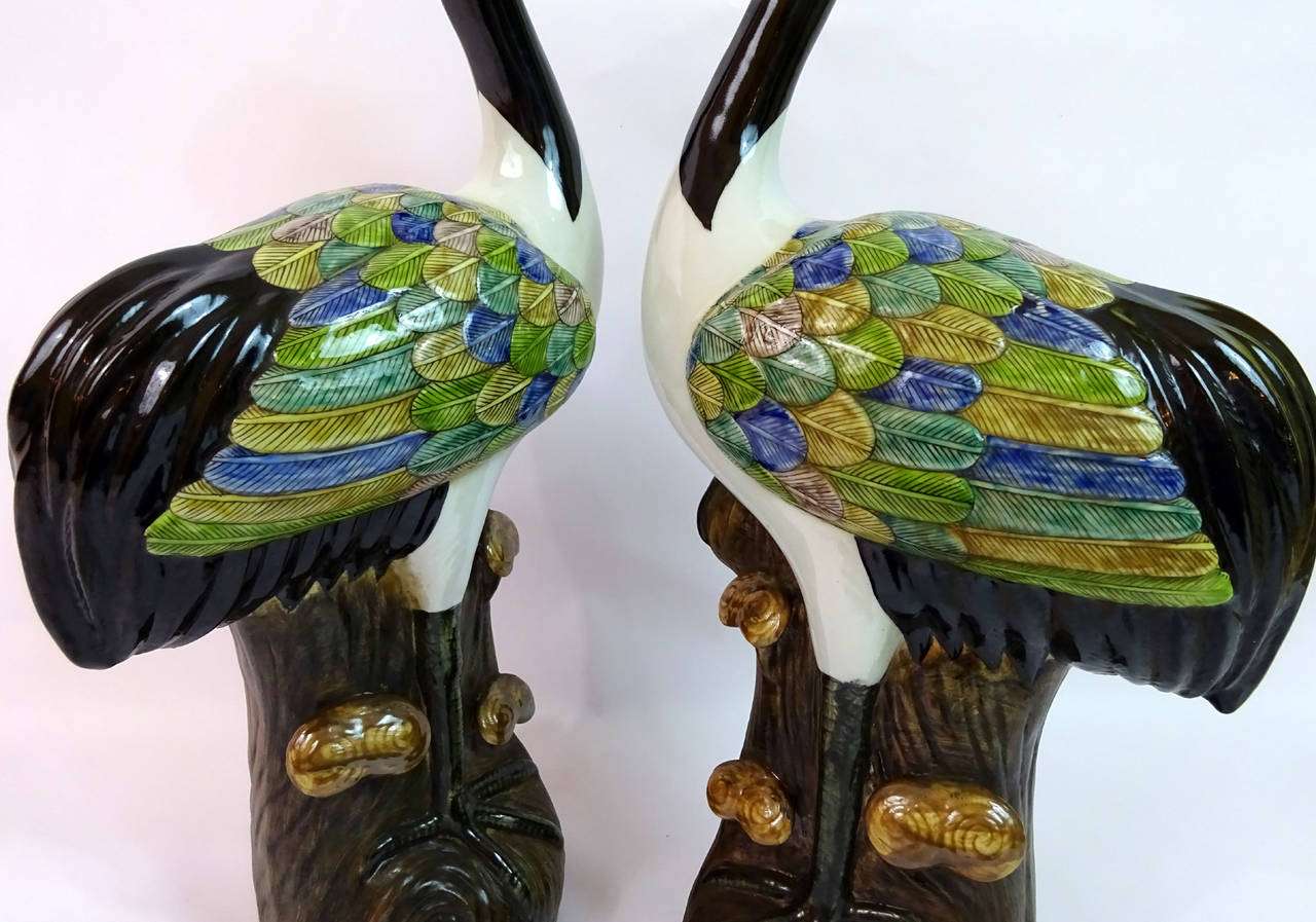Pair of Early 20th Century Chinese Polychrome Porcelain Storks 2