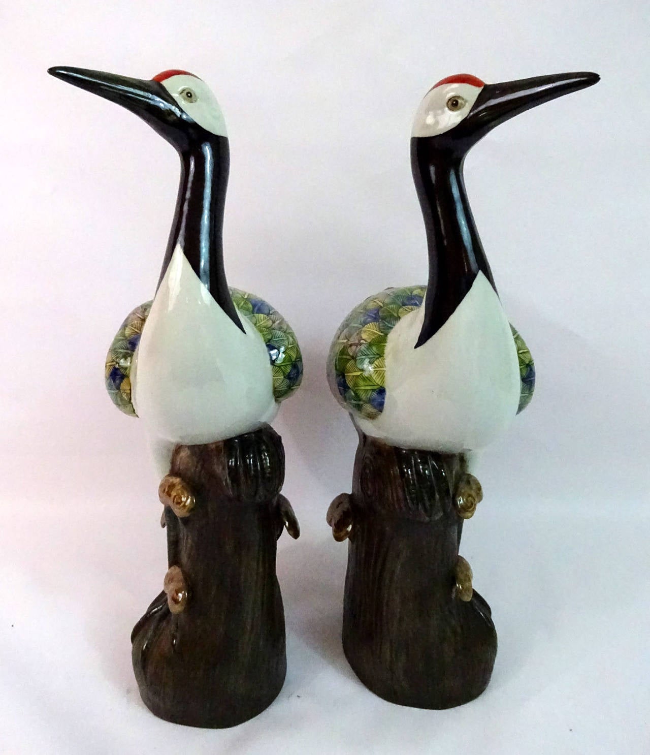 Pair of Early 20th Century Chinese Polychrome Porcelain Storks 4