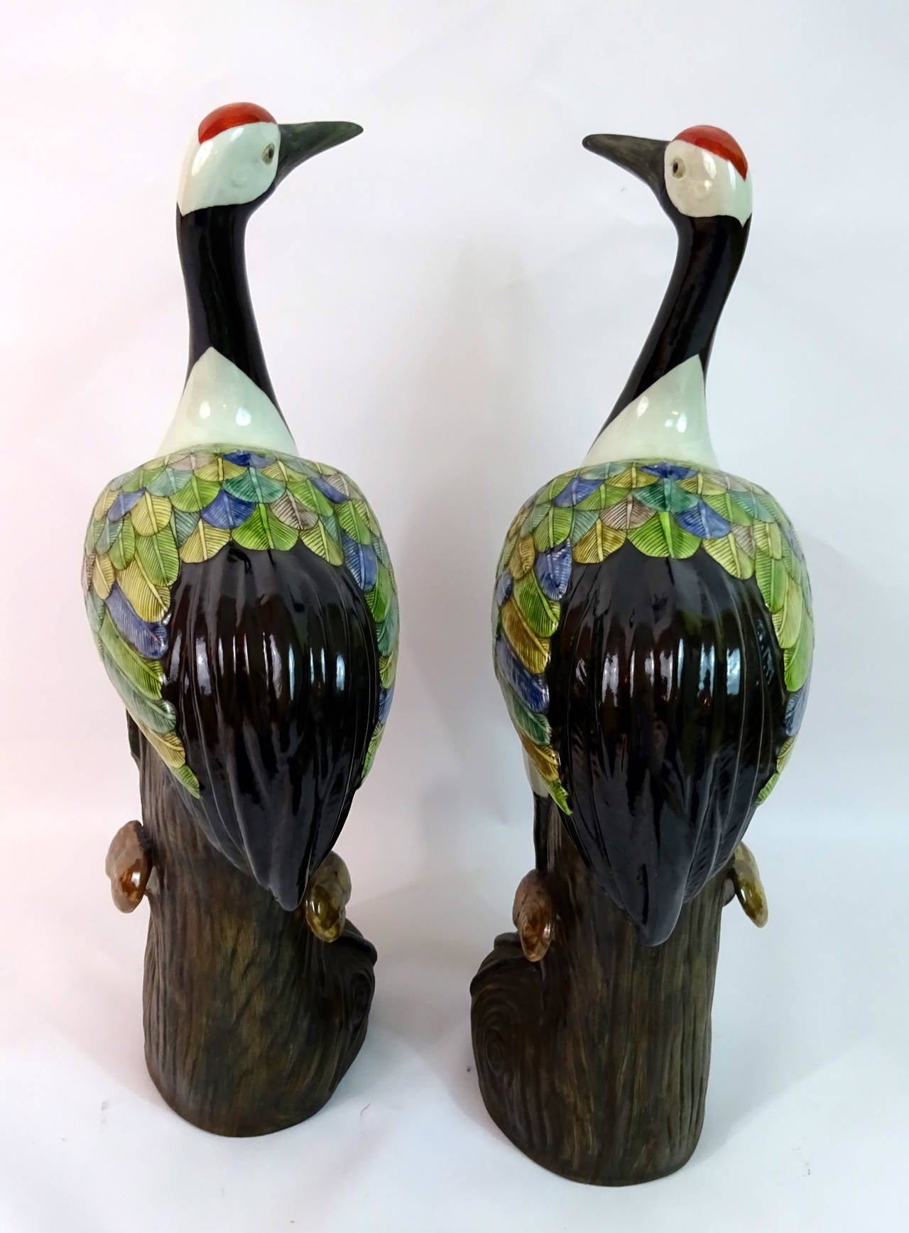 Pair of Early 20th Century Chinese Polychrome Porcelain Storks 6