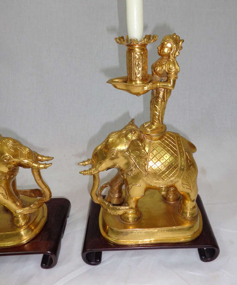 French Pair of Bronze Doré Candlesticks on wooden bases