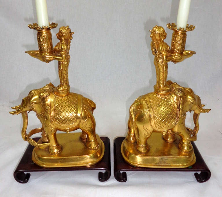 20th Century Pair of Bronze Doré Candlesticks on wooden bases