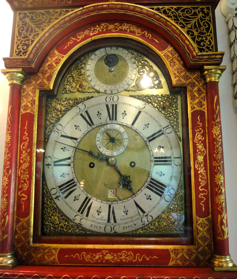 English Mid-18th Century George II Scarlet and Gilt, Long-Case Clock