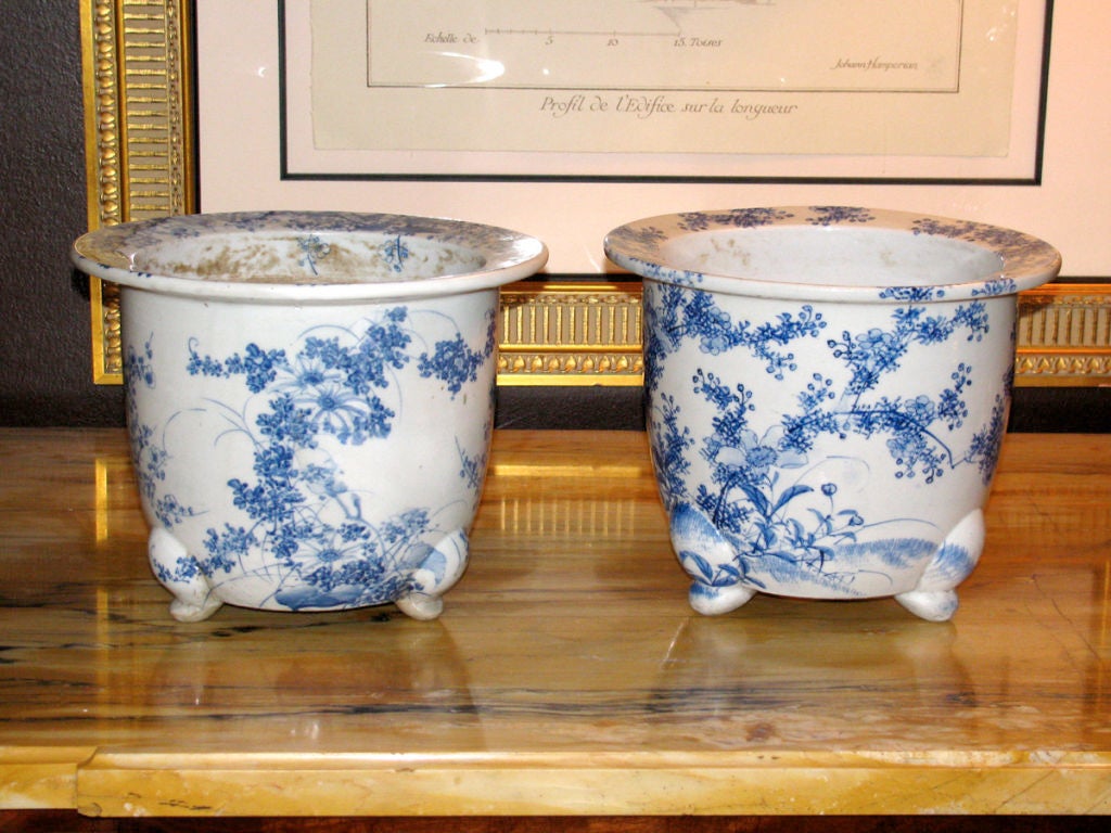 Pair of Blue & White Caché Pots on Feet
