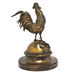 19th Century Signed Bronze Rooster on Wooden Base