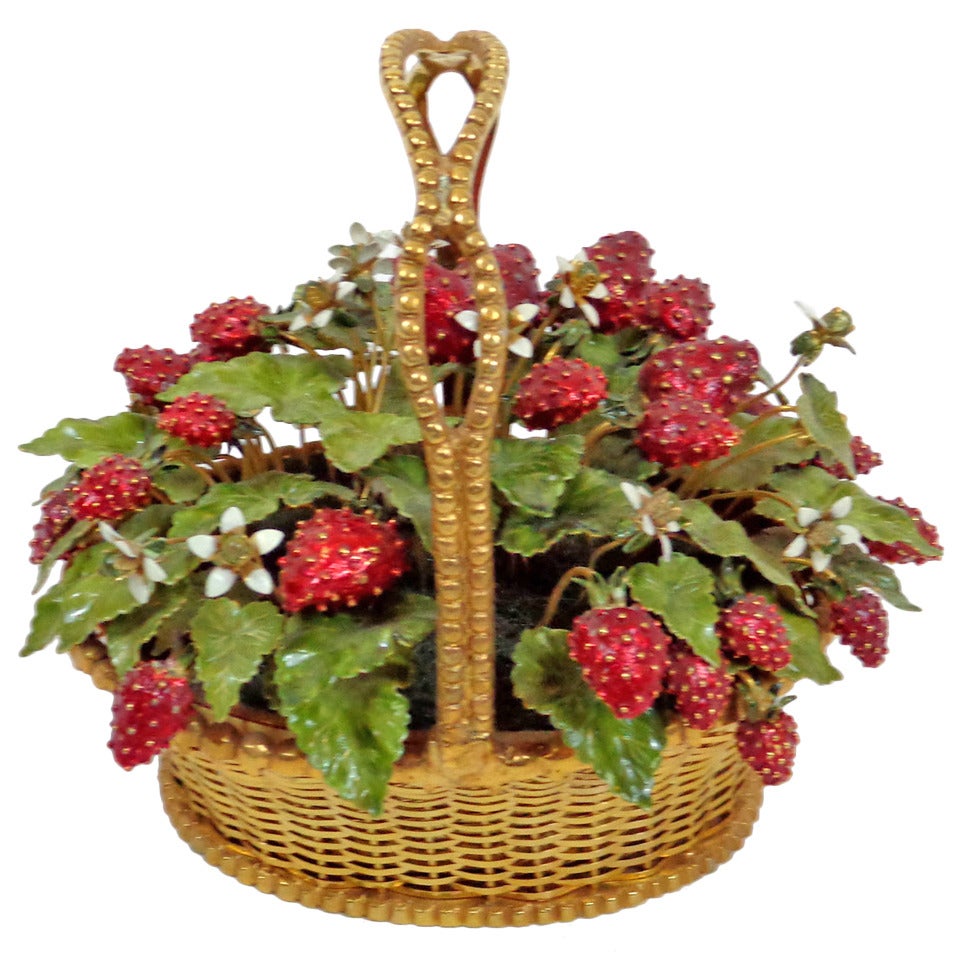 Late 20th Century Gilt Metal Basket of Strawberries