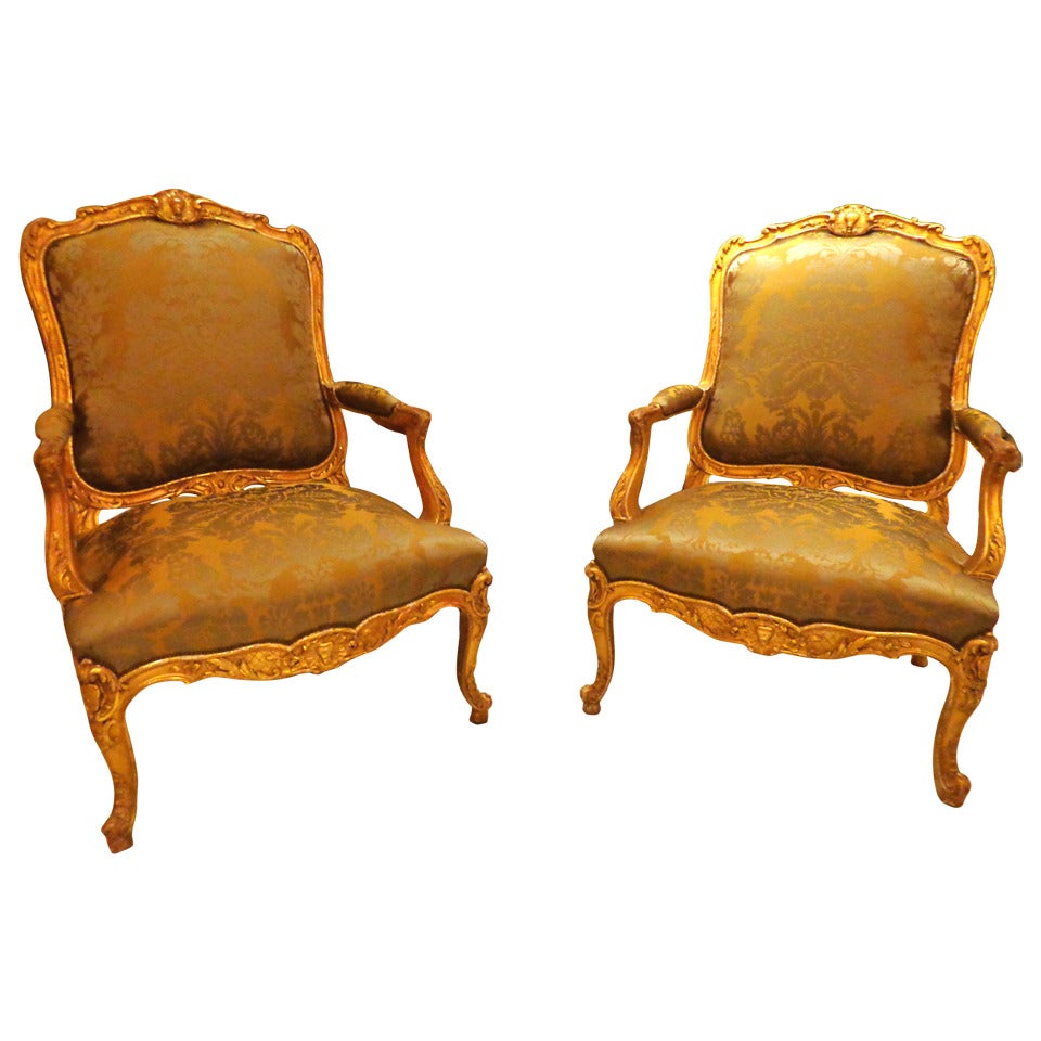 Pair of 19th Century Louis XV Style Giltwood Armchairs For Sale