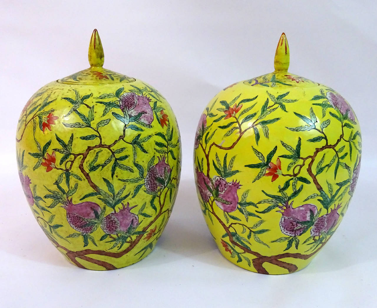 Pair of Early 20th Century Chinese Famille Jaune Covered Vases 1