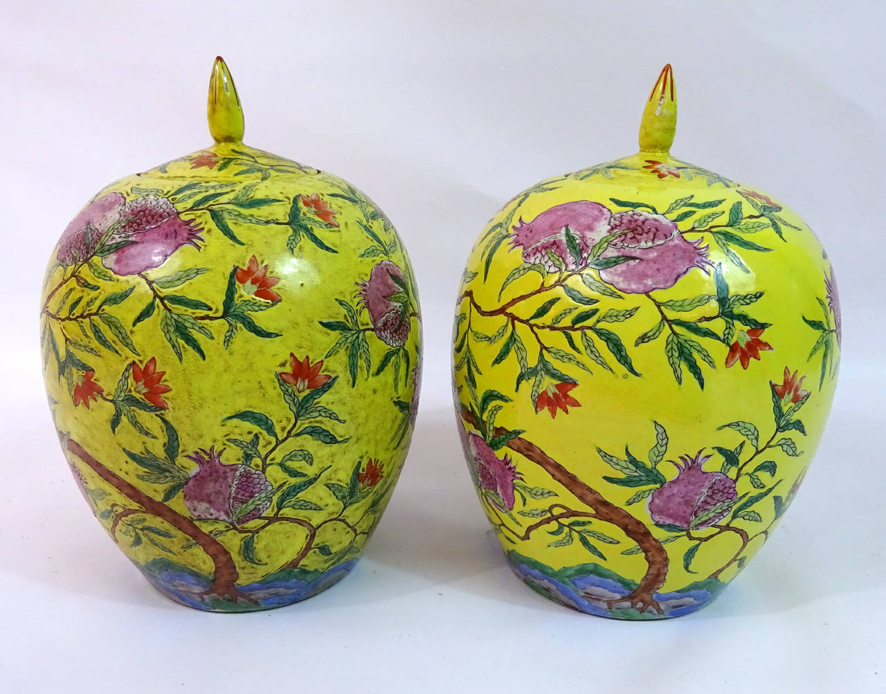 Pair of Early 20th Century Chinese Famille Jaune Covered Vases 3