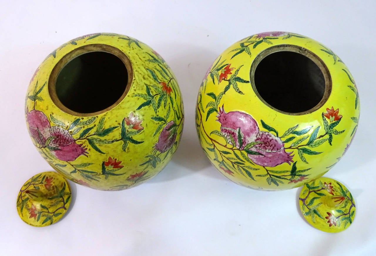 Pair of Early 20th Century Chinese Famille Jaune Covered Vases 4