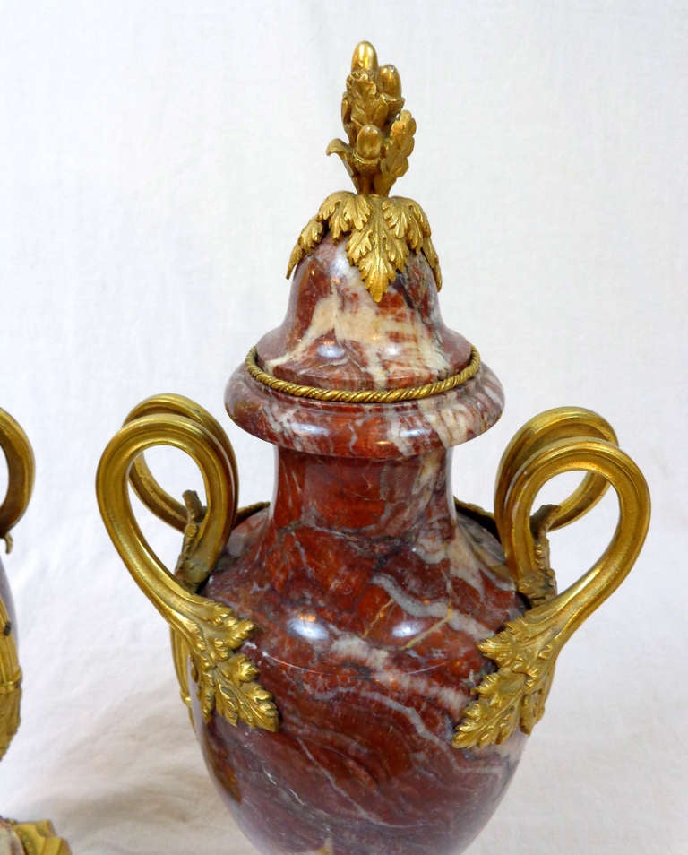 Pair of 19th c. Louis XVI Style Marble Urns with Bronze Doré Mounts In Excellent Condition For Sale In Dallas, TX