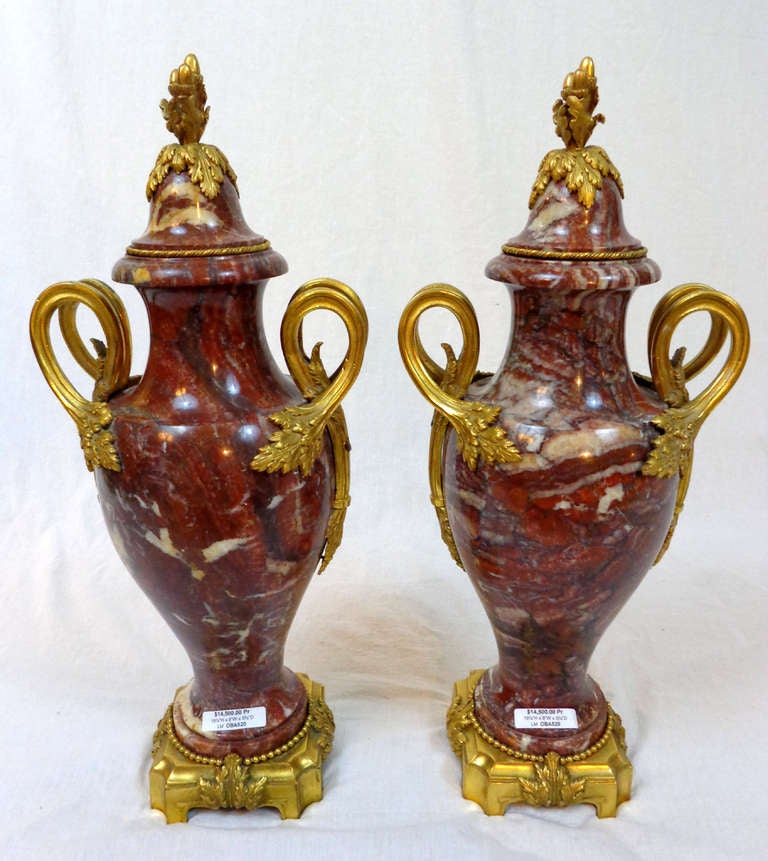 Pair of 19th c. Louis XVI Style Marble Urns with Bronze Doré Mounts For Sale 2