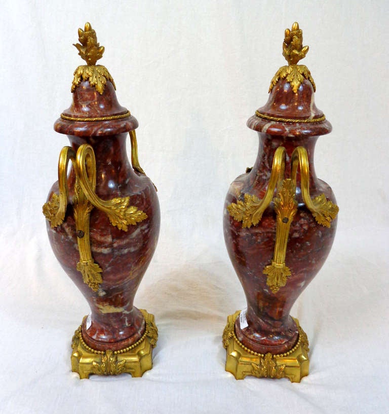 Pair of 19th c. Louis XVI Style Marble Urns with Bronze Doré Mounts For Sale 3
