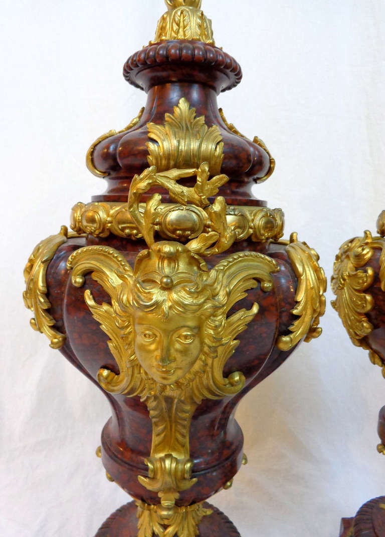 Pair of Louis XVI Style Marble and Bronze Doré Urns For Sale 2