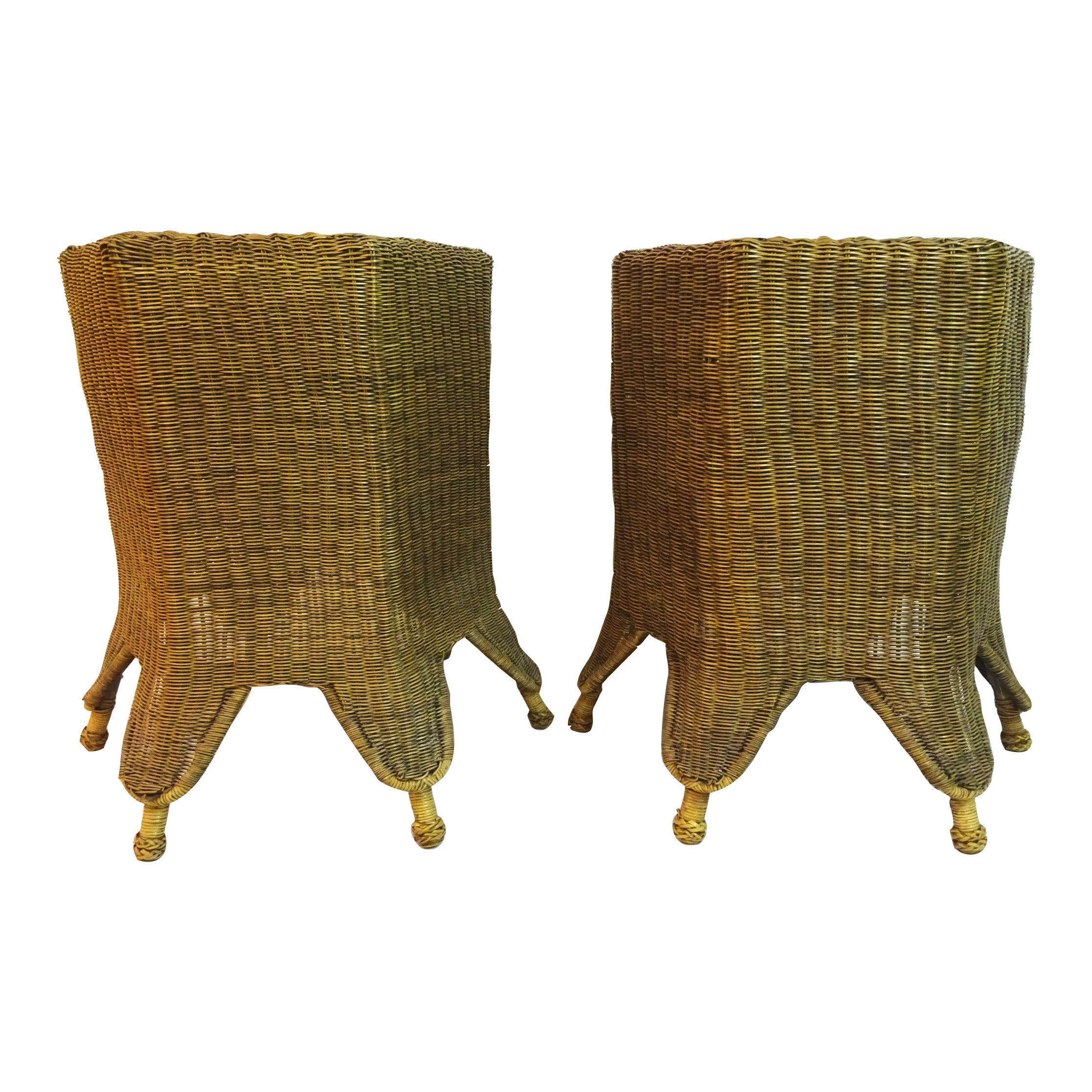 Pair of 20th Century Handwoven Wicker Hexagonal Side Tables For Sale