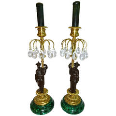 Pair of Late 19th c. French Bronze Ormolu and Malachite Candlesticks