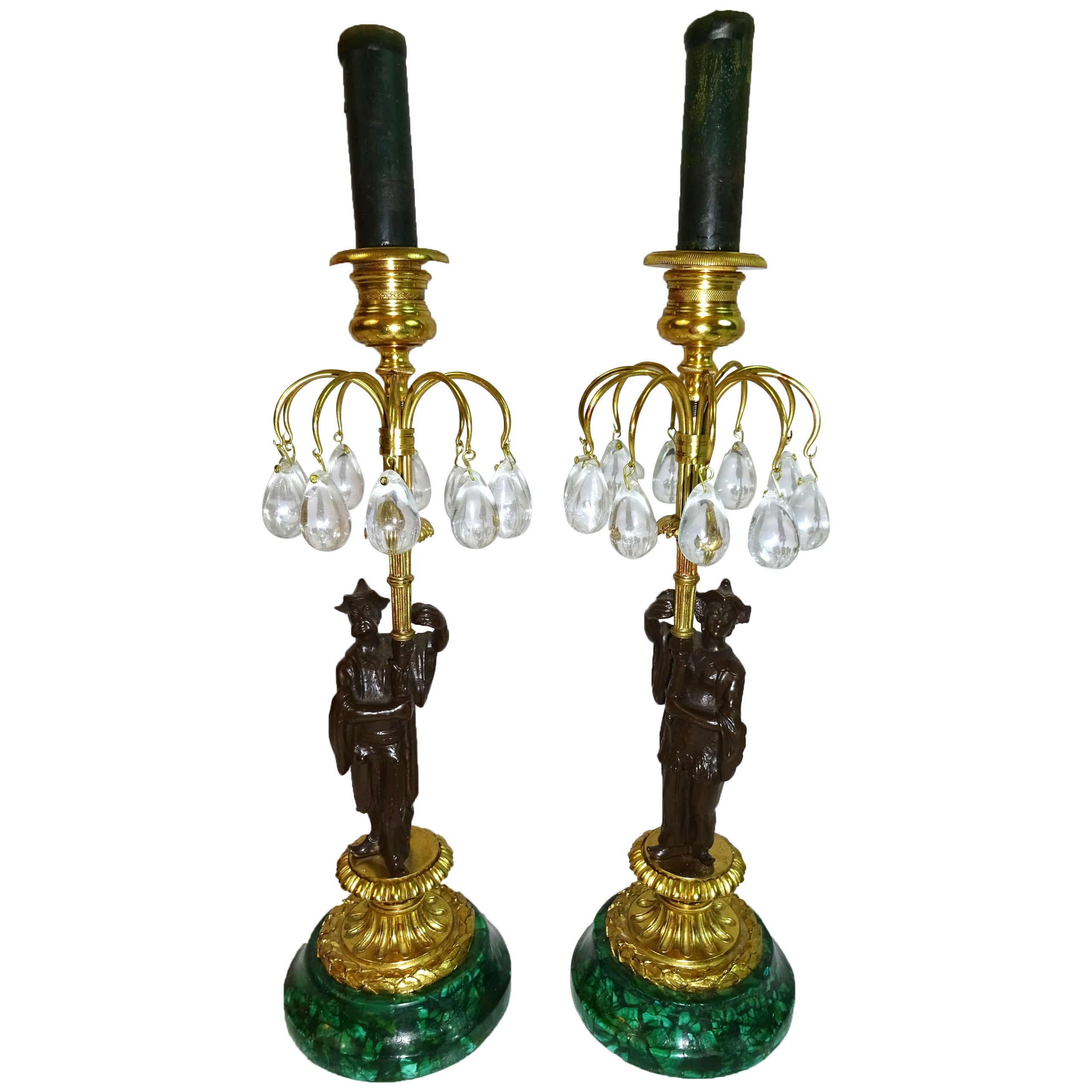 Pair of Late 19th c. French Bronze Ormolu and Malachite Candlesticks