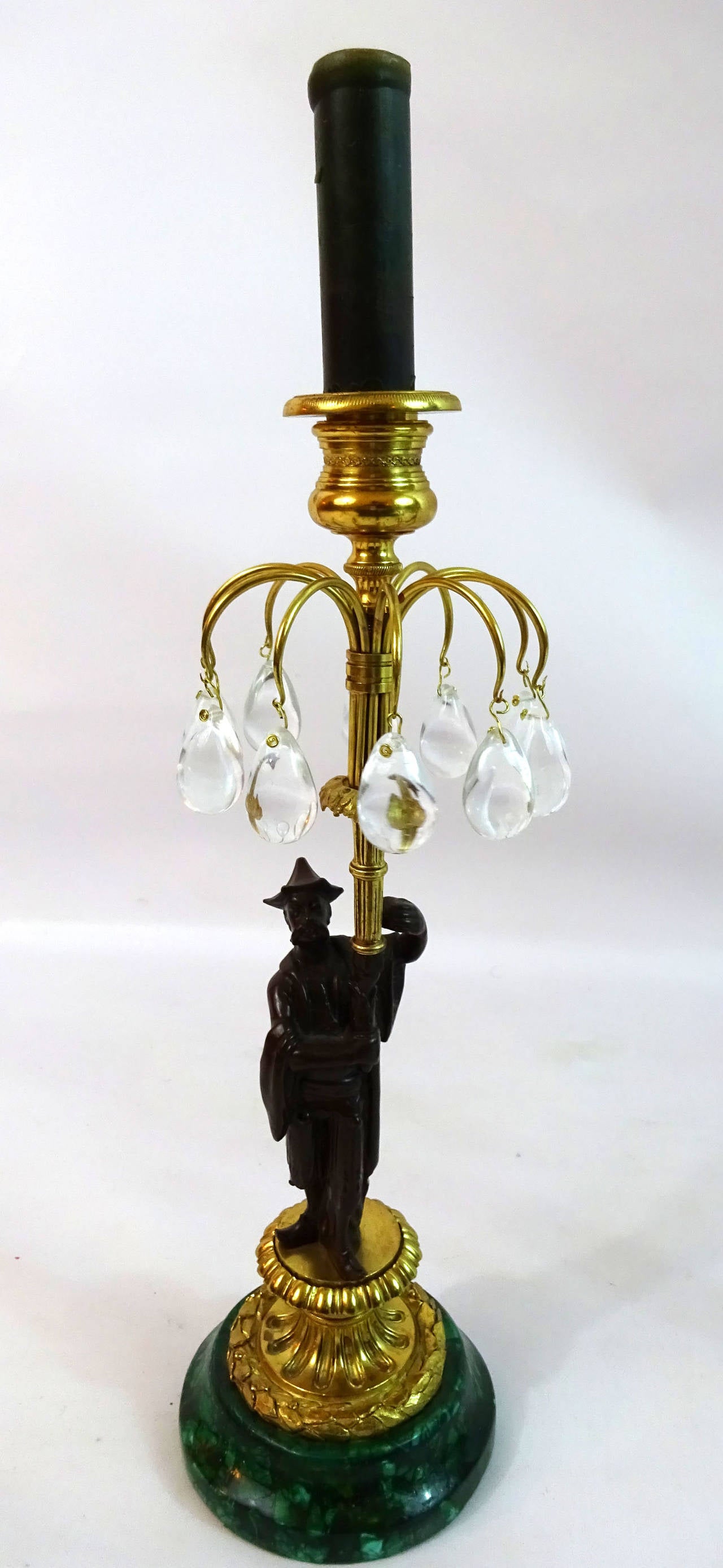 Pair of Bronze and Ormolu Candlesticks with crystal teardrop pendants and Chinese figures resting upon malachite bases.