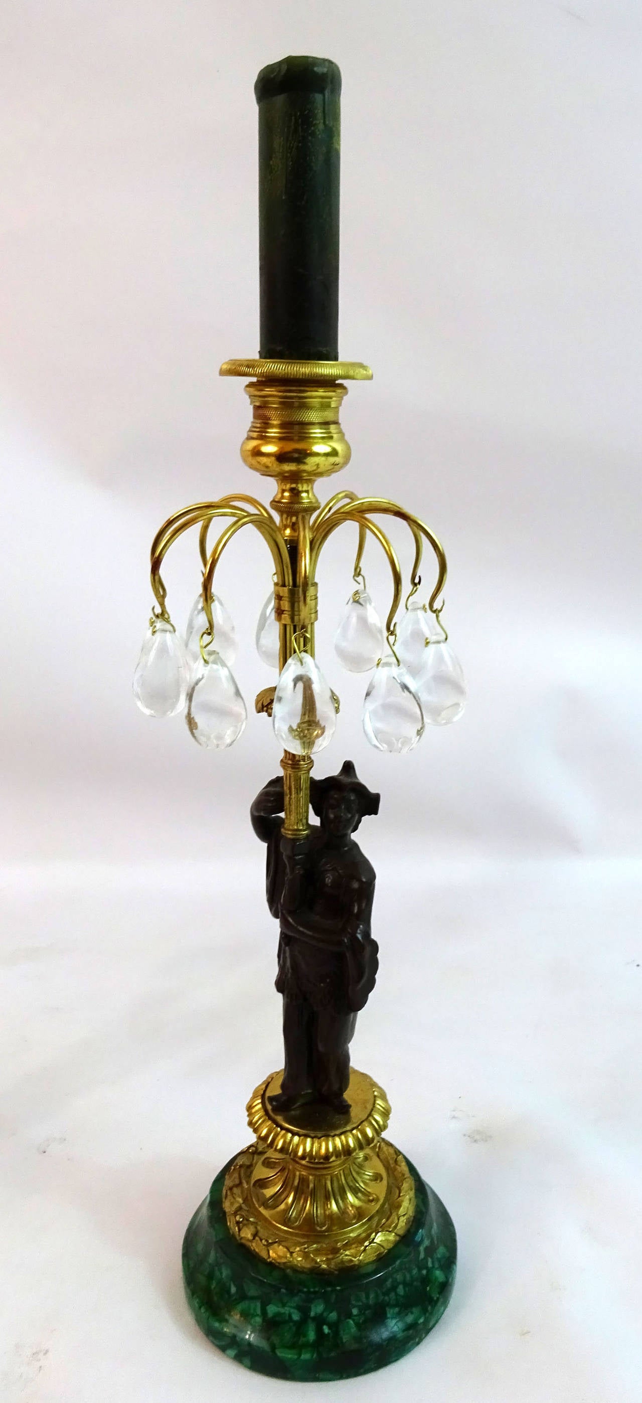 Pair of Late 19th c. French Bronze Ormolu and Malachite Candlesticks 2