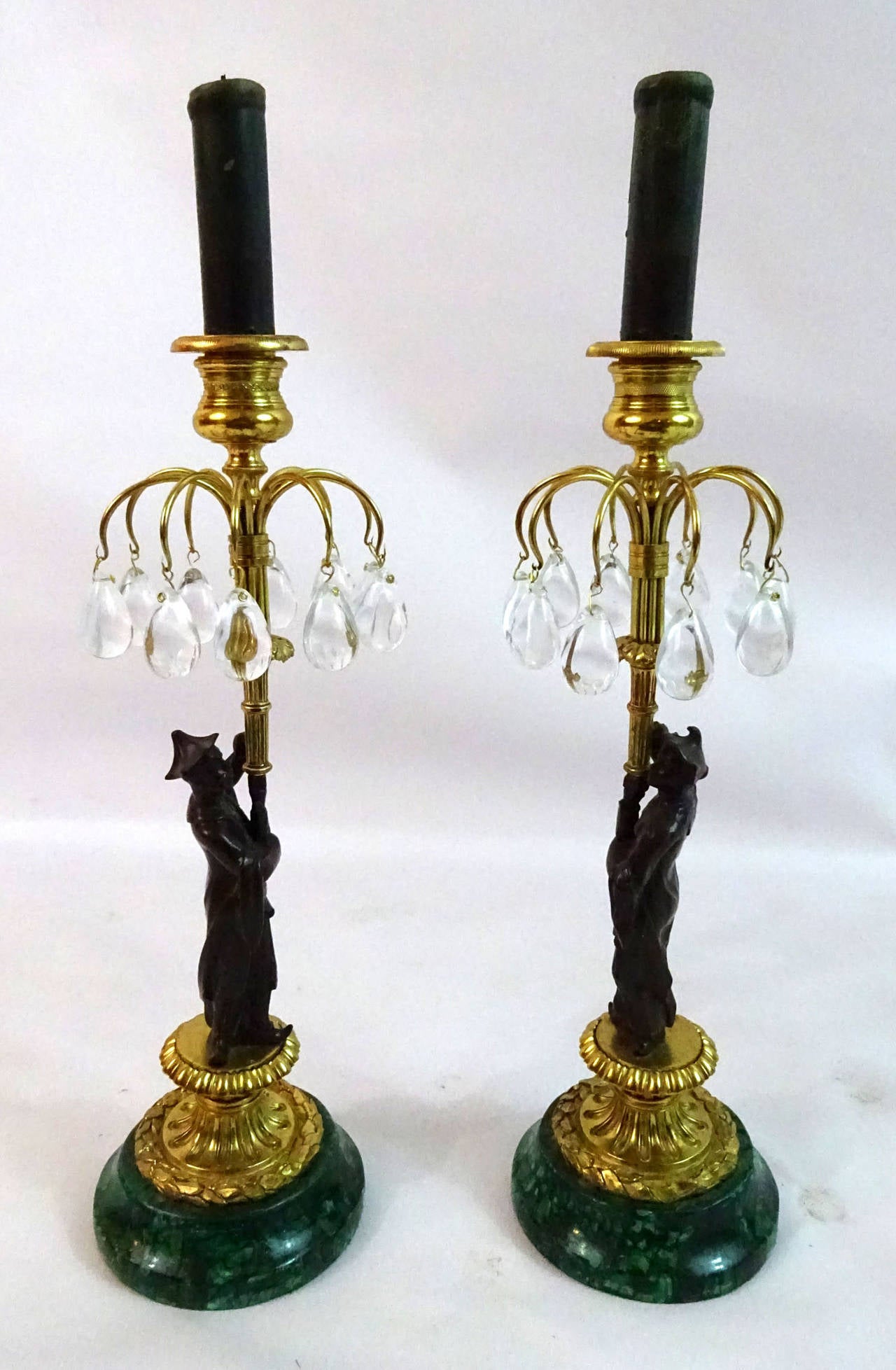 Pair of Late 19th c. French Bronze Ormolu and Malachite Candlesticks 5