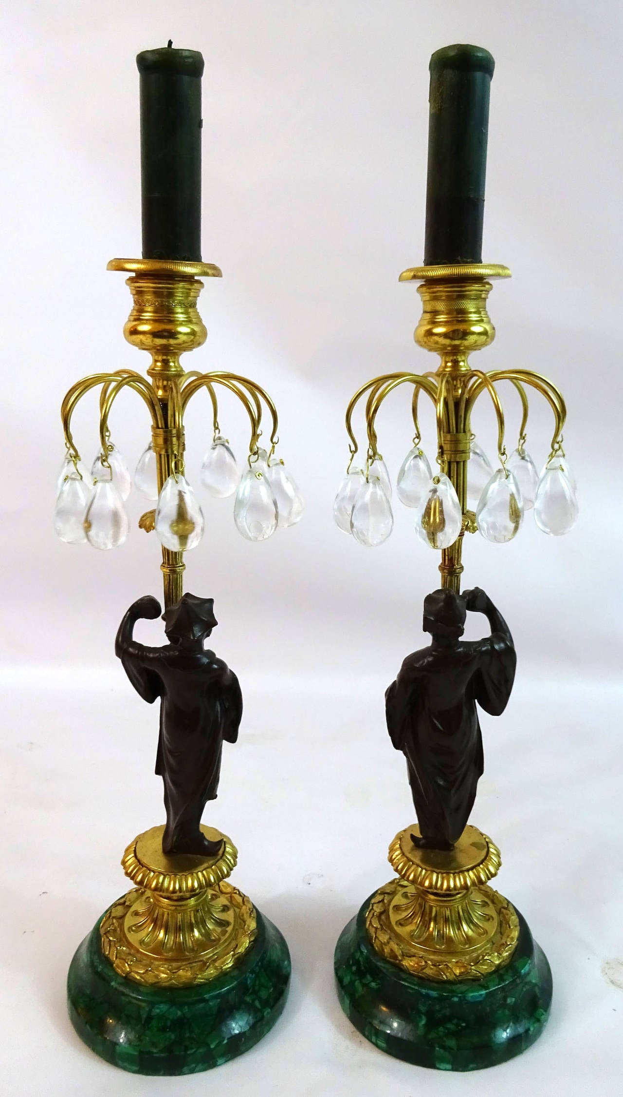 Pair of Late 19th c. French Bronze Ormolu and Malachite Candlesticks 6