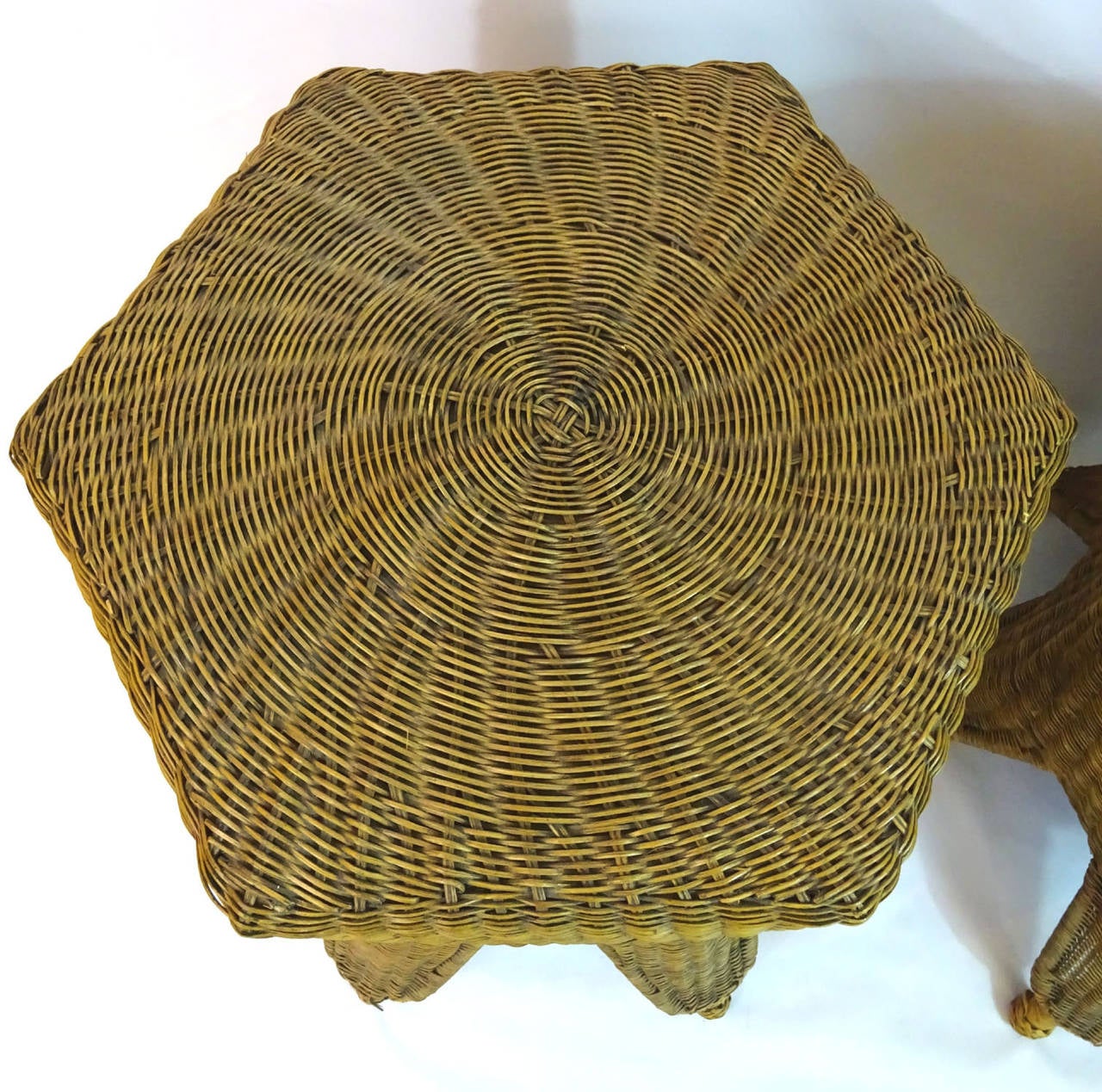 Hand-Woven Pair of 20th Century Handwoven Wicker Hexagonal Side Tables For Sale