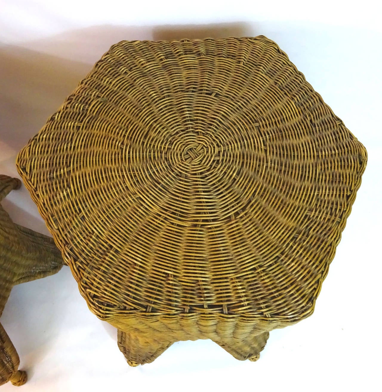 Pair of 20th Century Handwoven Wicker Hexagonal Side Tables For Sale 1
