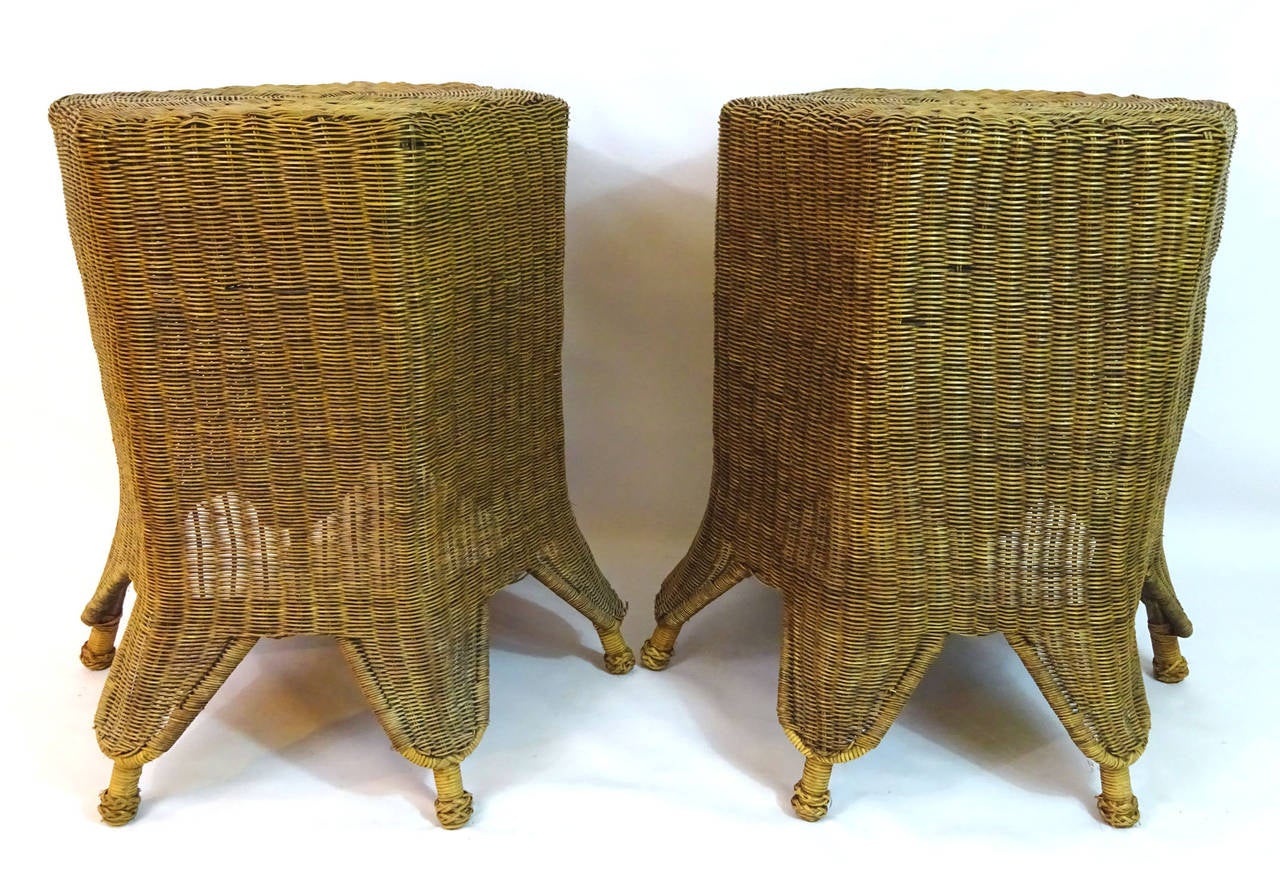 Pair of 20th Century Handwoven Wicker Hexagonal Side Tables For Sale 2