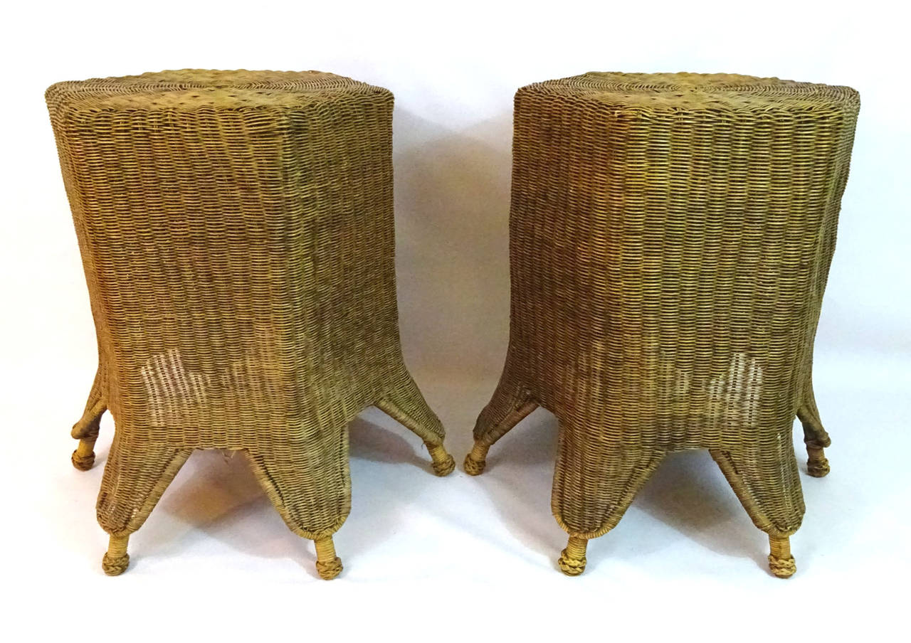 Pair of 20th Century Handwoven Wicker Hexagonal Side Tables For Sale 3