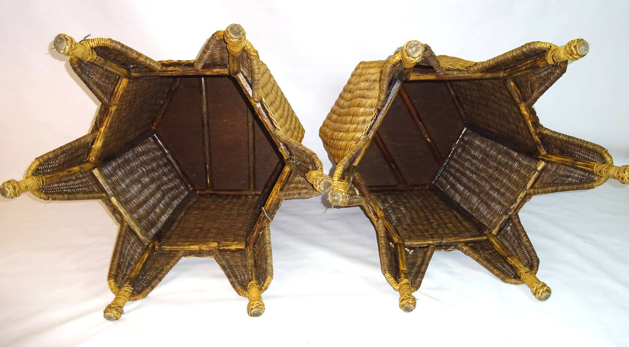 Pair of 20th Century Handwoven Wicker Hexagonal Side Tables For Sale 5