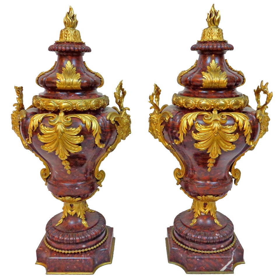 Pair of Louis XVI Style Marble and Bronze Doré Urns For Sale