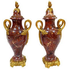 Pair of 19th c. Louis XVI Style Marble Urns with Bronze Doré Mounts