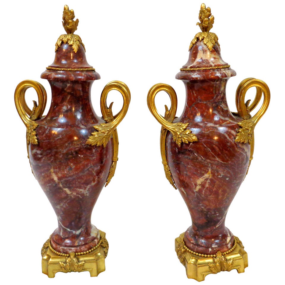 Pair of 19th c. Louis XVI Style Marble Urns with Bronze Doré Mounts For Sale