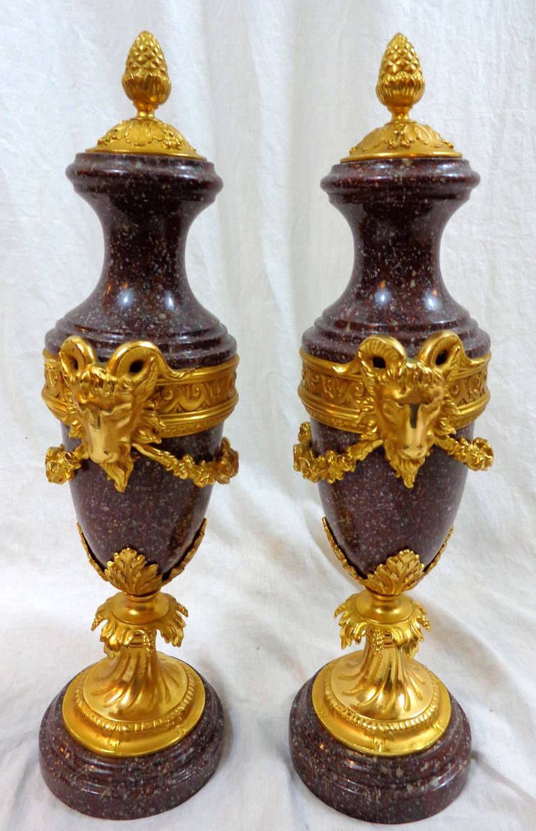 Pair of 19th Century French Marble and Bronze Doré Urns For Sale 2